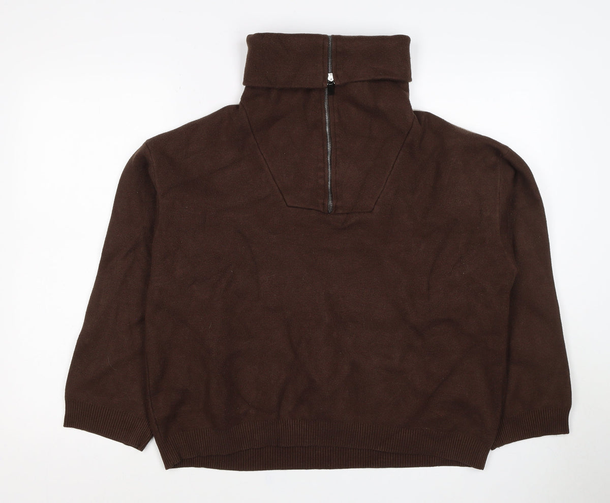 Zara Women Brown L Knit 1/4 Zip High Neck Pullover Jumper