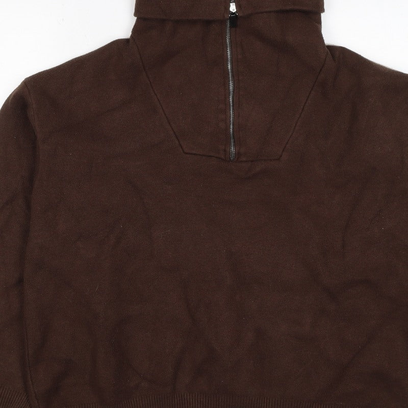 Zara Women Brown L Knit 1/4 Zip High Neck Pullover Jumper