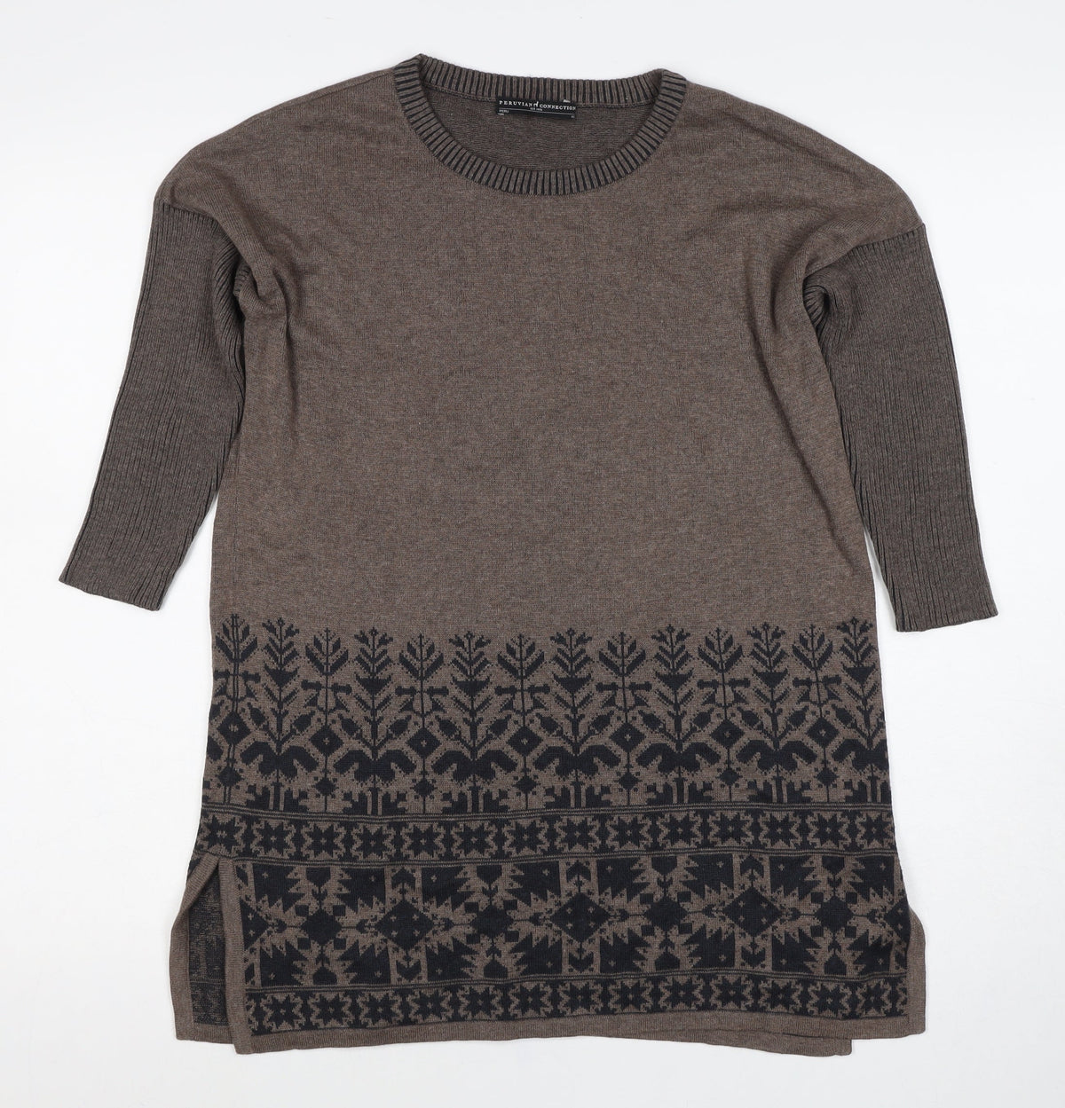 Peruvian Connection Women Brown XS Pima Cotton Fair Isle Tunic Jumper