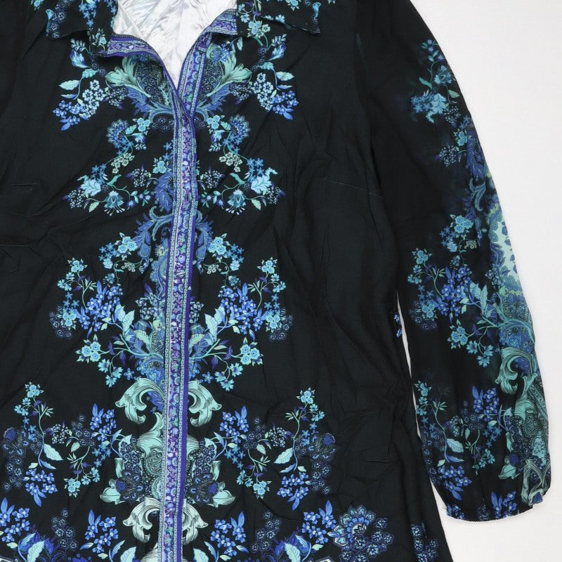 Lipsy London Women Black Blue Floral Knee Length Shirt Dress UK 14