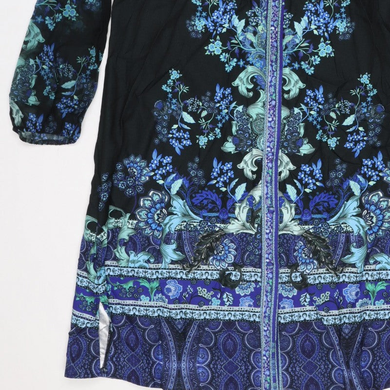 Lipsy London Women Black Blue Floral Knee Length Shirt Dress UK 14