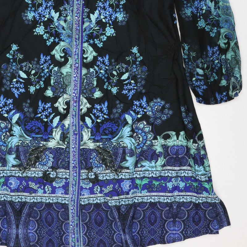 Lipsy London Women Black Blue Floral Knee Length Shirt Dress UK 14