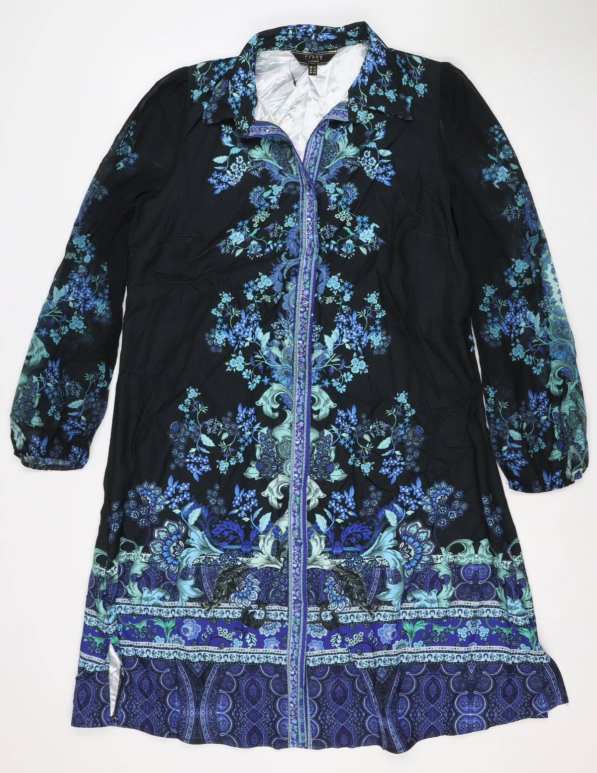 Lipsy London Women Black Blue Floral Knee Length Shirt Dress UK 14