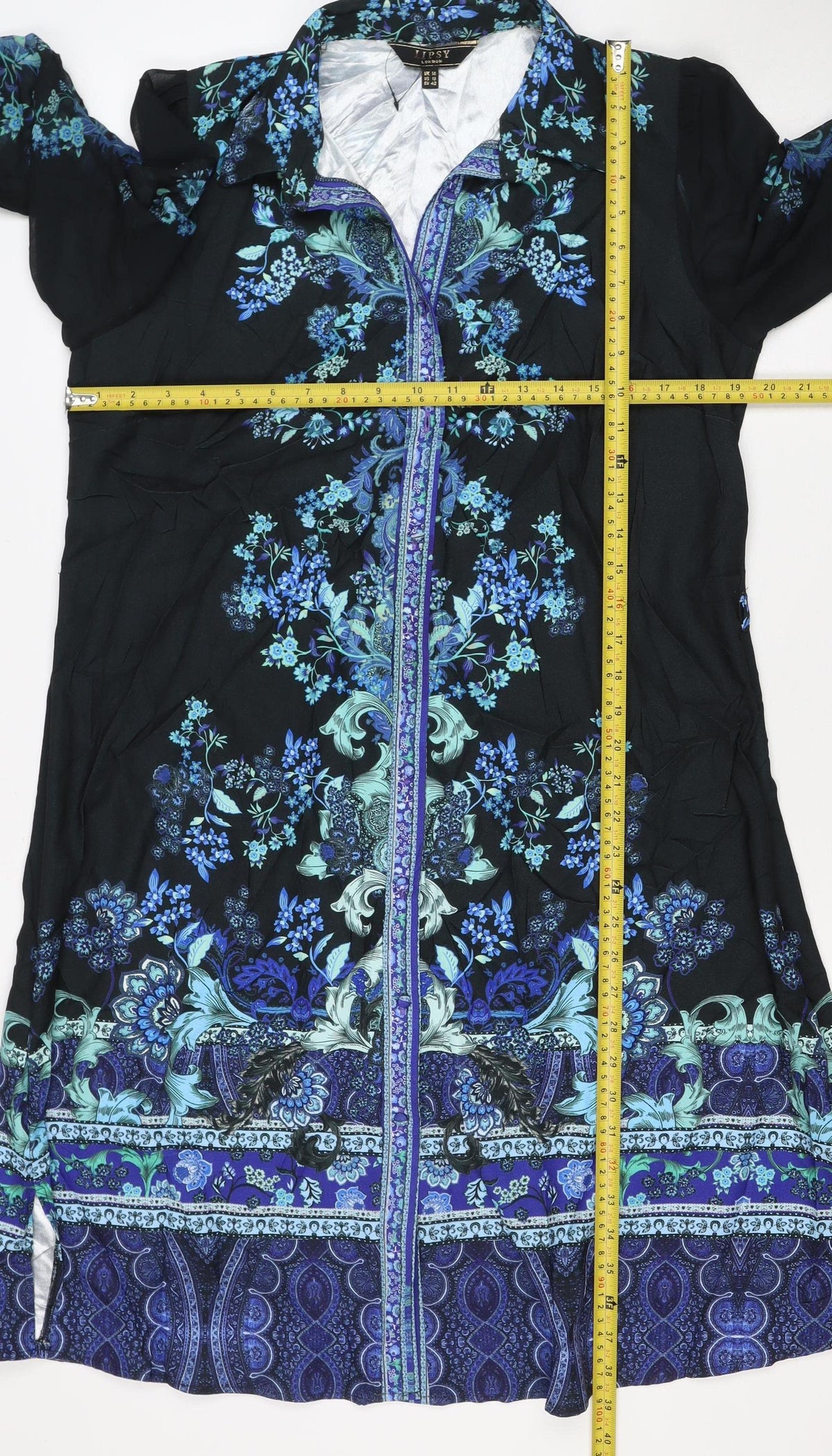 Lipsy London Women Black Blue Floral Knee Length Shirt Dress UK 14