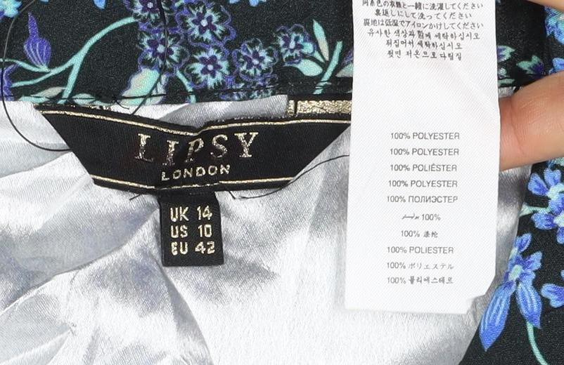 Lipsy London Women Black Blue Floral Knee Length Shirt Dress UK 14