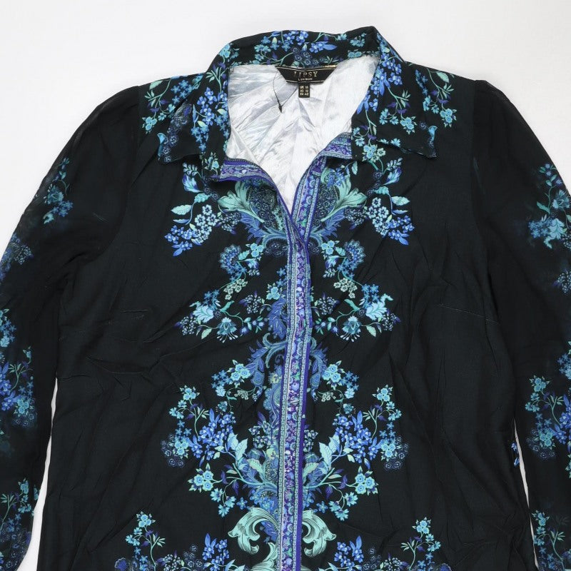 Lipsy London Women Black Blue Floral Knee Length Shirt Dress UK 14