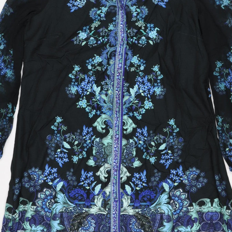 Lipsy London Women Black Blue Floral Knee Length Shirt Dress UK 14