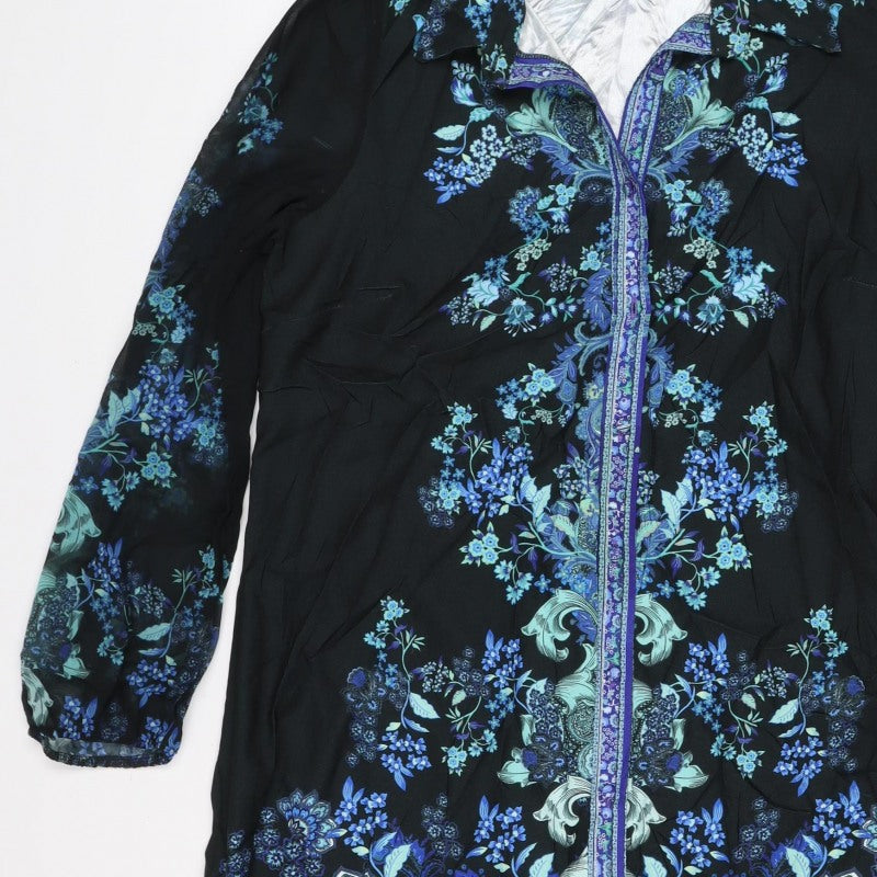 Lipsy London Women Black Blue Floral Knee Length Shirt Dress UK 14