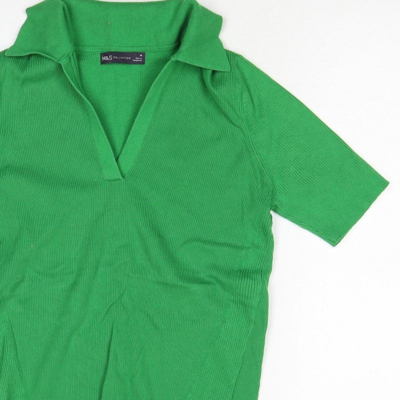 M&S Collection Women Green M Ribbed Roll Neck Short Sleeve Knit Top