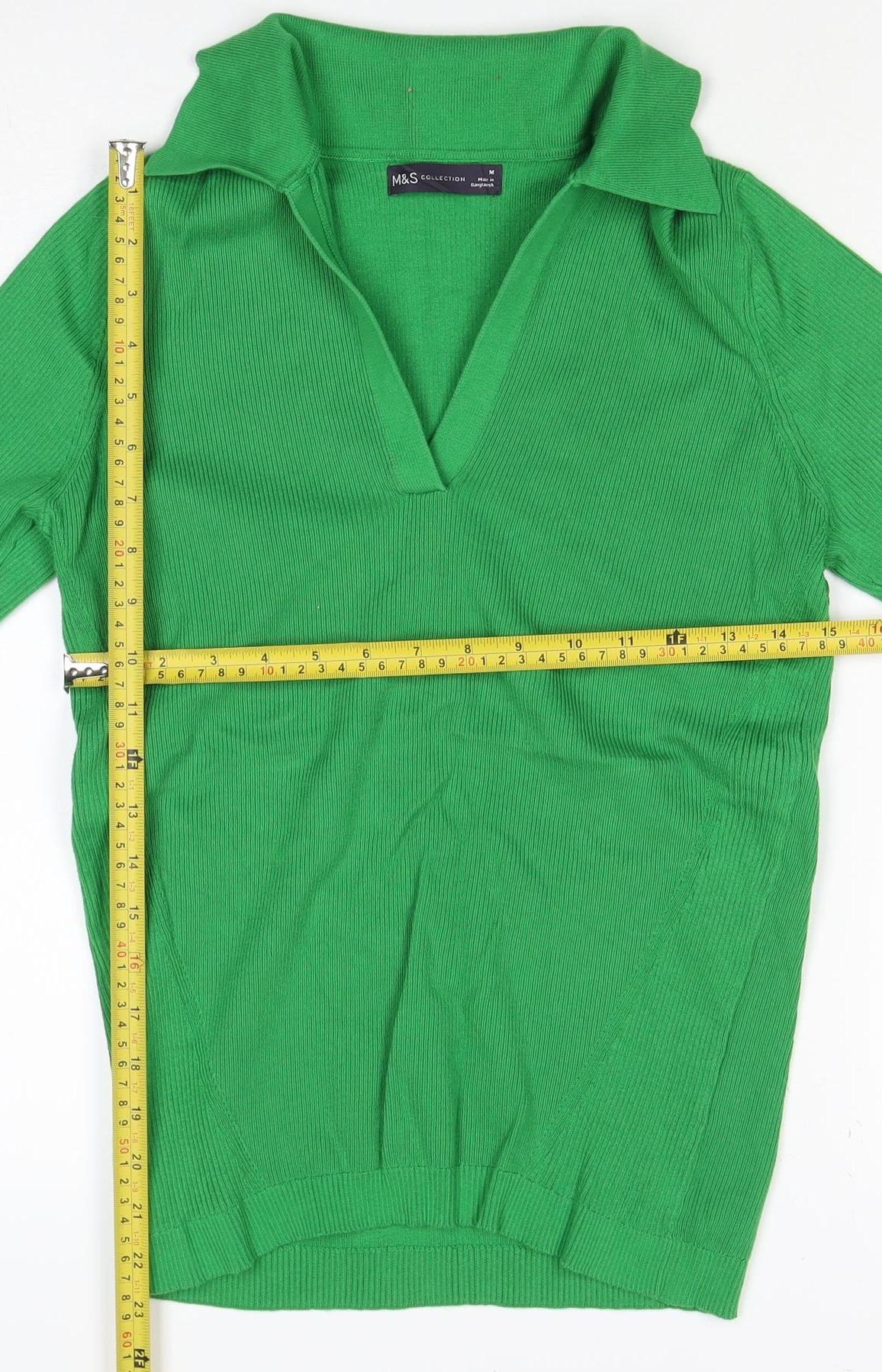 M&S Collection Women Green M Ribbed Roll Neck Short Sleeve Knit Top