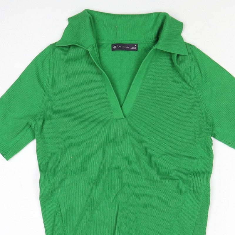 M&S Collection Women Green M Ribbed Roll Neck Short Sleeve Knit Top