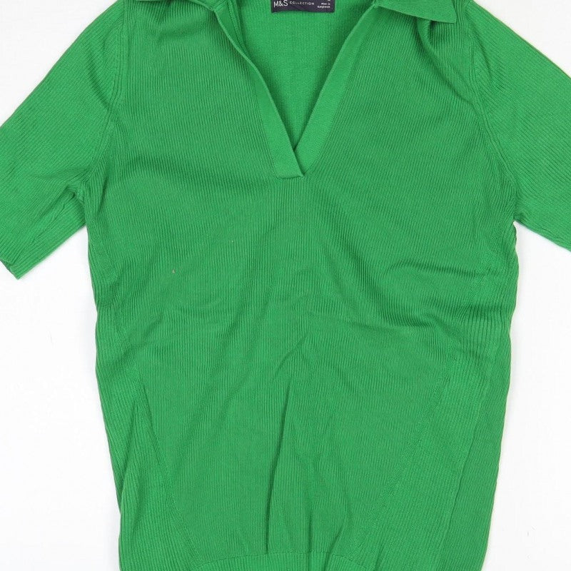 M&S Collection Women Green M Ribbed Roll Neck Short Sleeve Knit Top