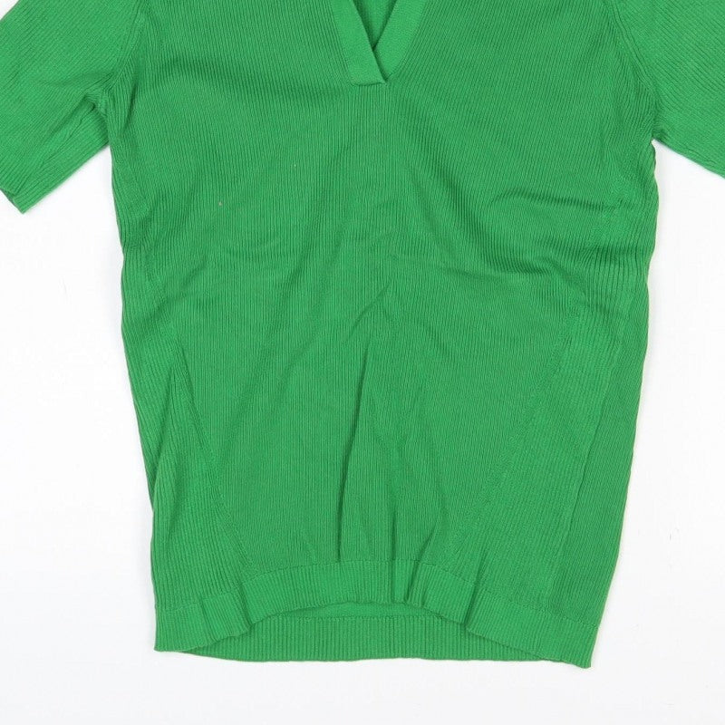 M&S Collection Women Green M Ribbed Roll Neck Short Sleeve Knit Top