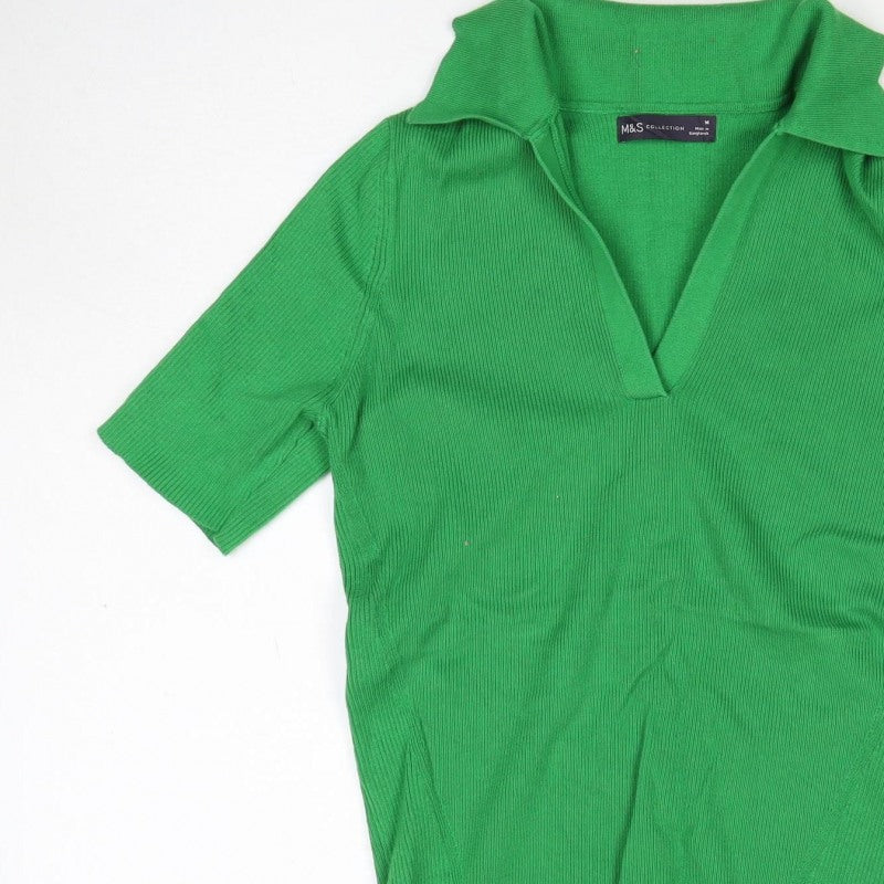 M&S Collection Women Green M Ribbed Roll Neck Short Sleeve Knit Top