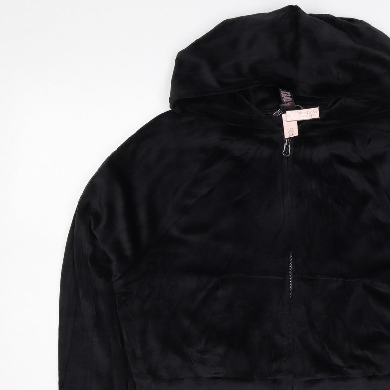 Victoria's Secret Women Black M Velour Full Zip Logo Hoodie