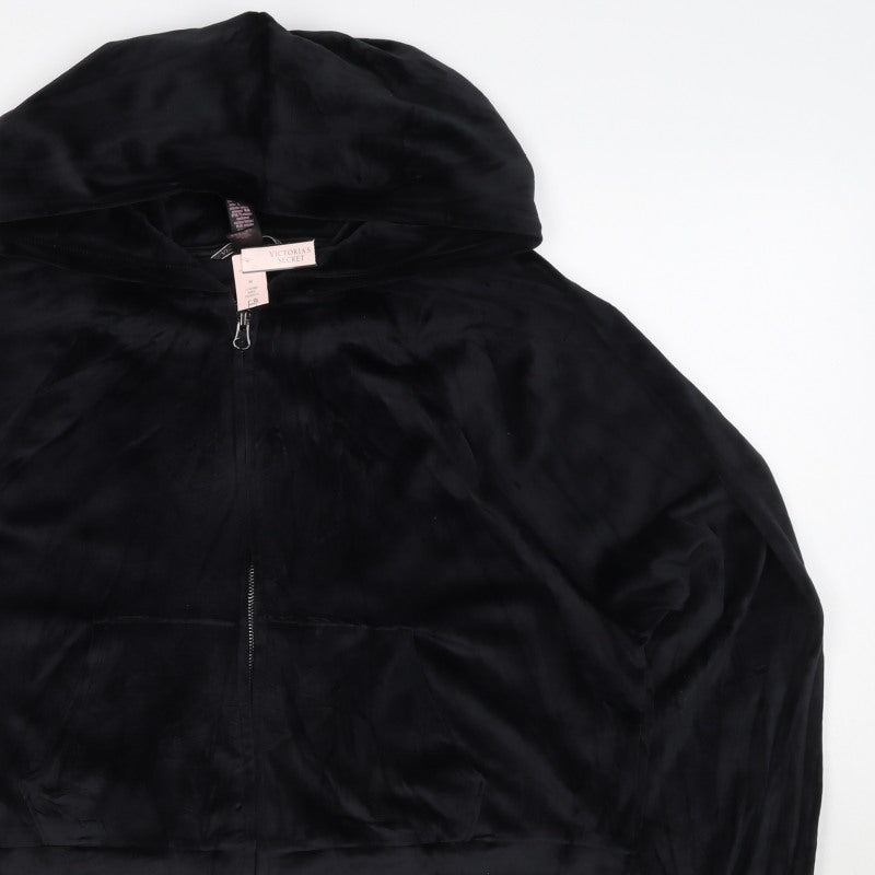 Victoria's Secret Women Black M Velour Full Zip Logo Hoodie