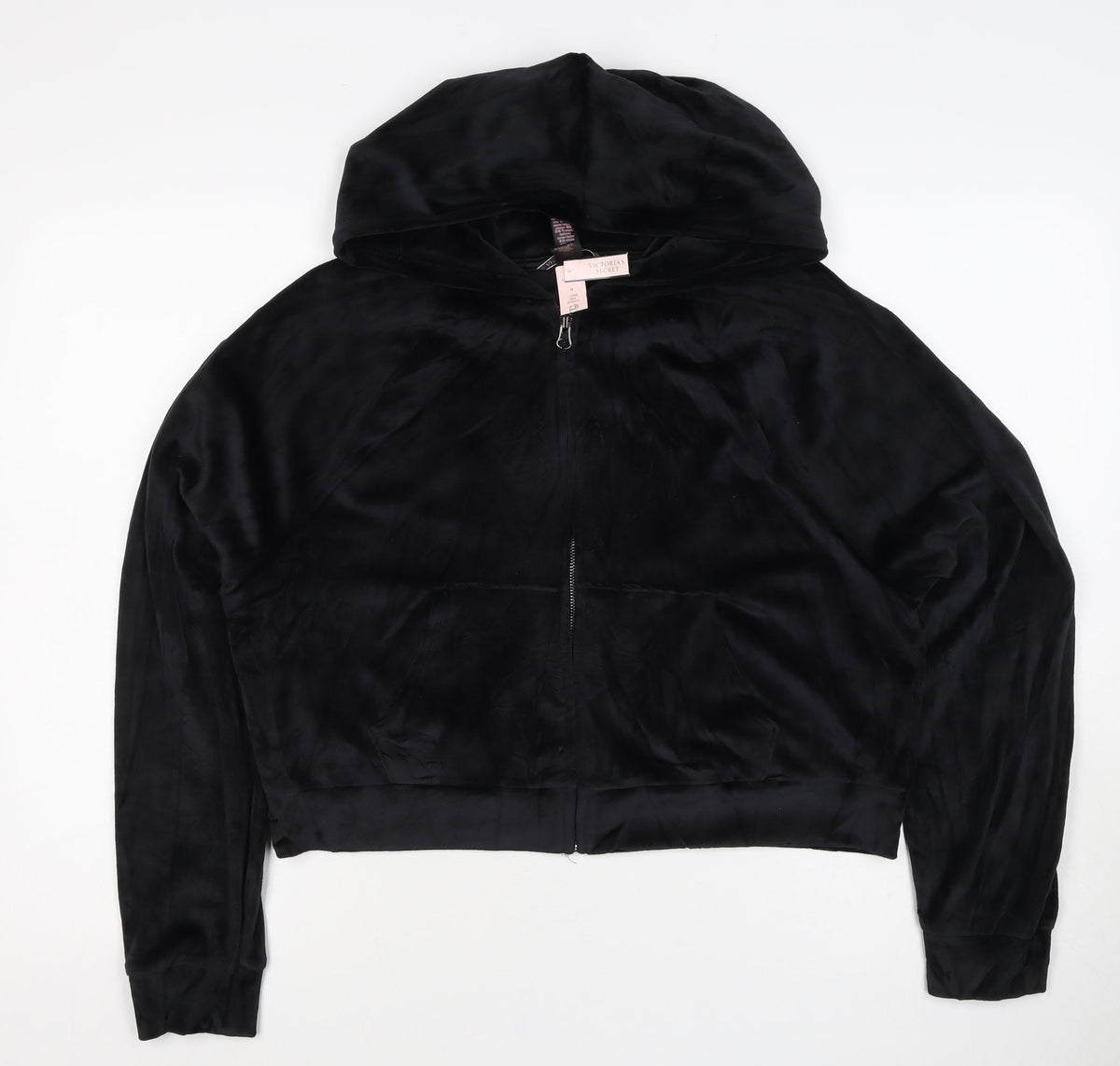 Victoria's Secret Women Black M Velour Full Zip Logo Hoodie