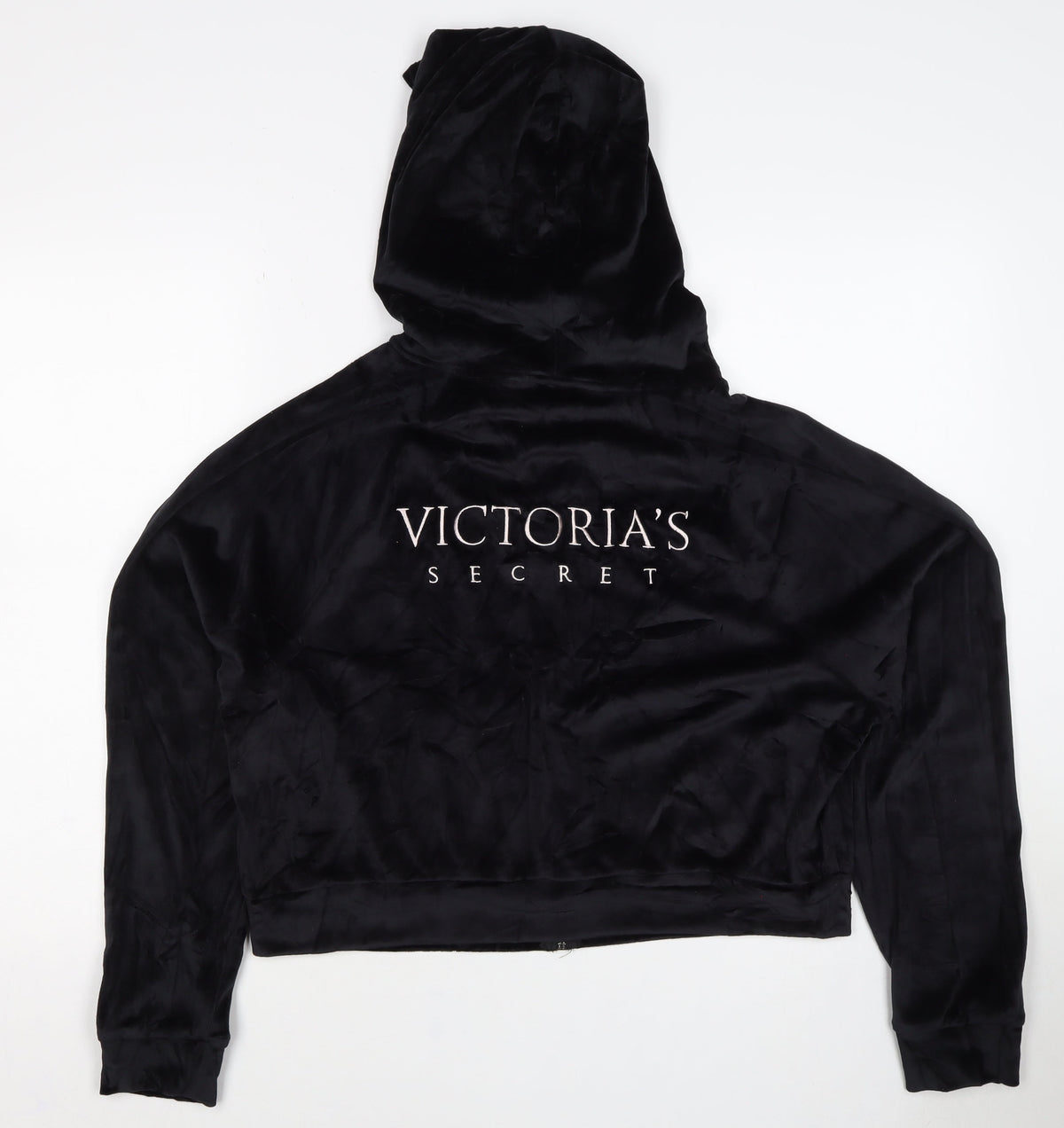 Victoria's Secret Women Black M Velour Full Zip Logo Hoodie