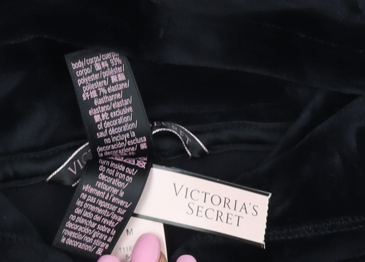 Victoria's Secret Women Black M Velour Full Zip Logo Hoodie