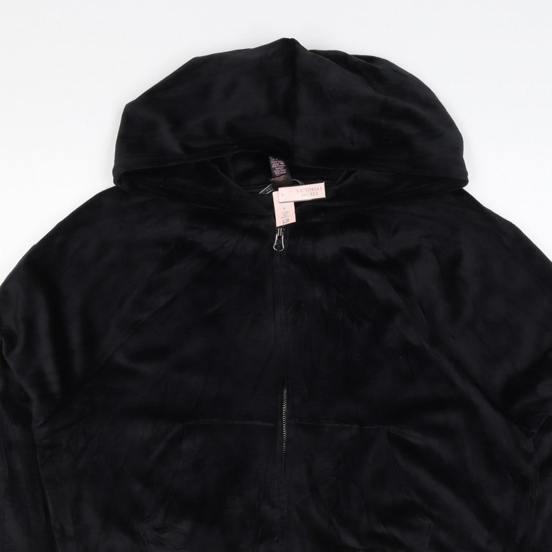 Victoria's Secret Women Black M Velour Full Zip Logo Hoodie