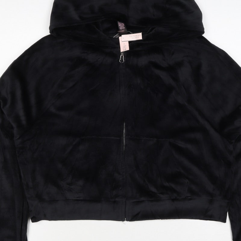 Victoria's Secret Women Black M Velour Full Zip Logo Hoodie