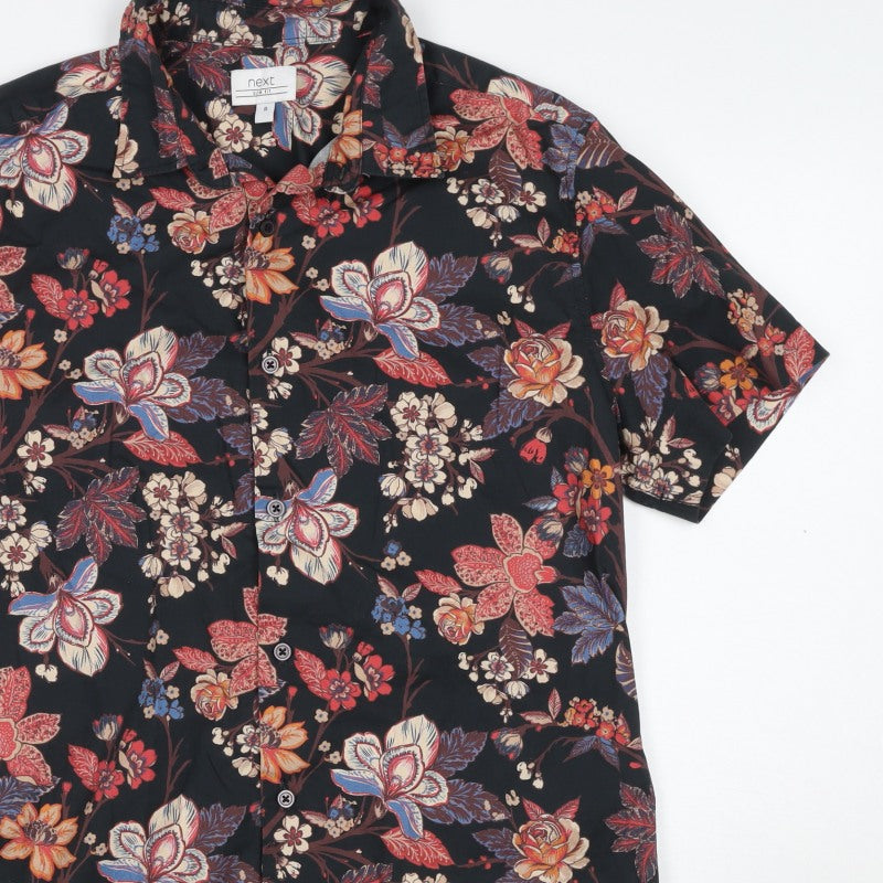 Next Men's M Black Floral Slim Fit Short Sleeve Button-Up Shirt