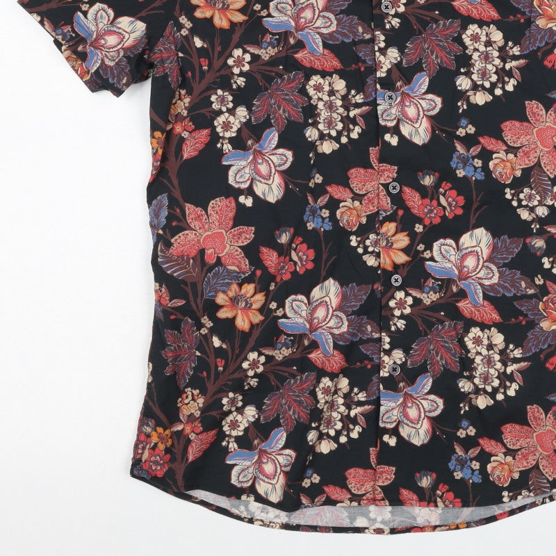 Next Men's M Black Floral Slim Fit Short Sleeve Button-Up Shirt