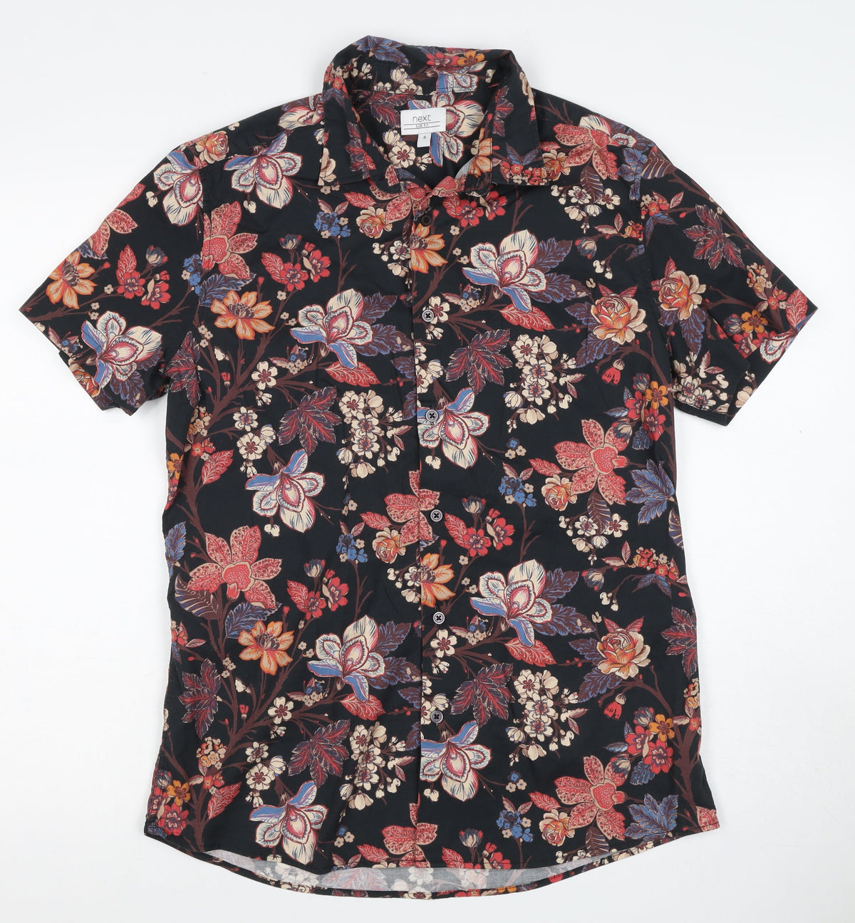 Next Men's M Black Floral Slim Fit Short Sleeve Button-Up Shirt