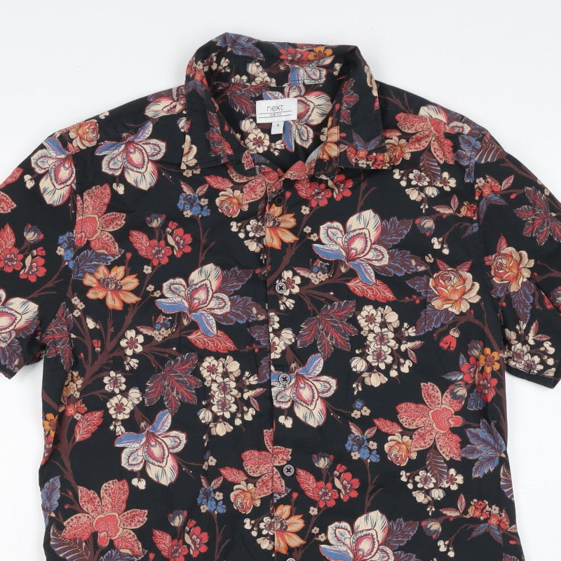 Next Men's M Black Floral Slim Fit Short Sleeve Button-Up Shirt