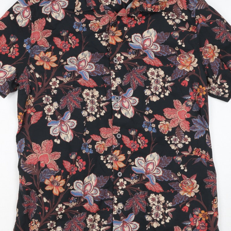 Next Men's M Black Floral Slim Fit Short Sleeve Button-Up Shirt