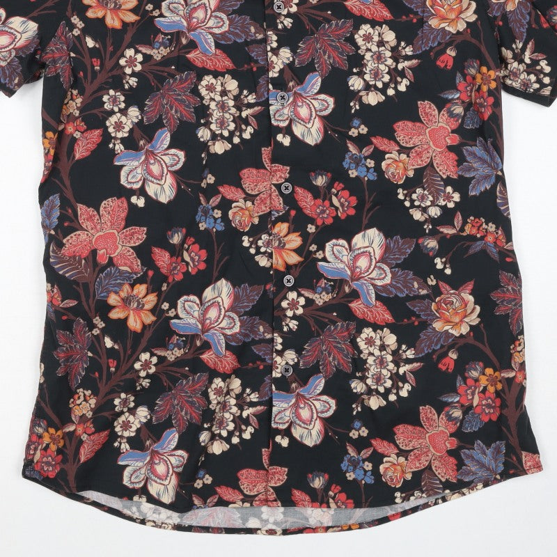 Next Men's M Black Floral Slim Fit Short Sleeve Button-Up Shirt