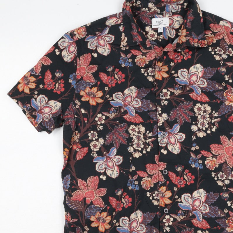 Next Men's M Black Floral Slim Fit Short Sleeve Button-Up Shirt