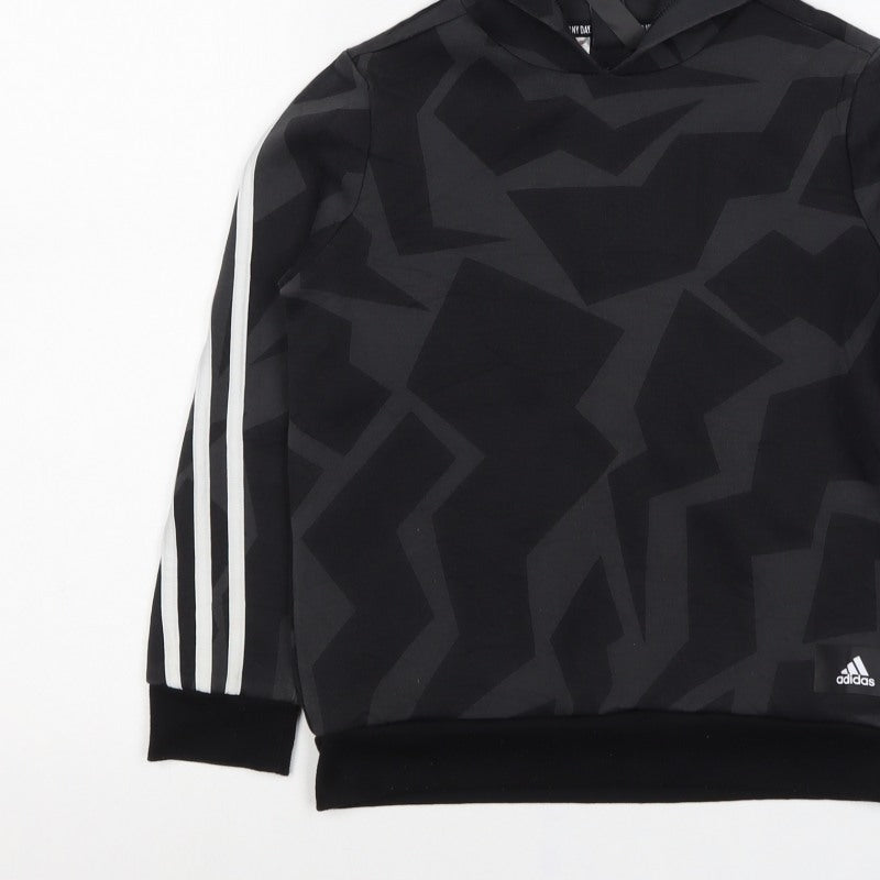 Adidas Boys Black Geometric Pullover Hoodie 9-10 Years Sports 3 Stripe