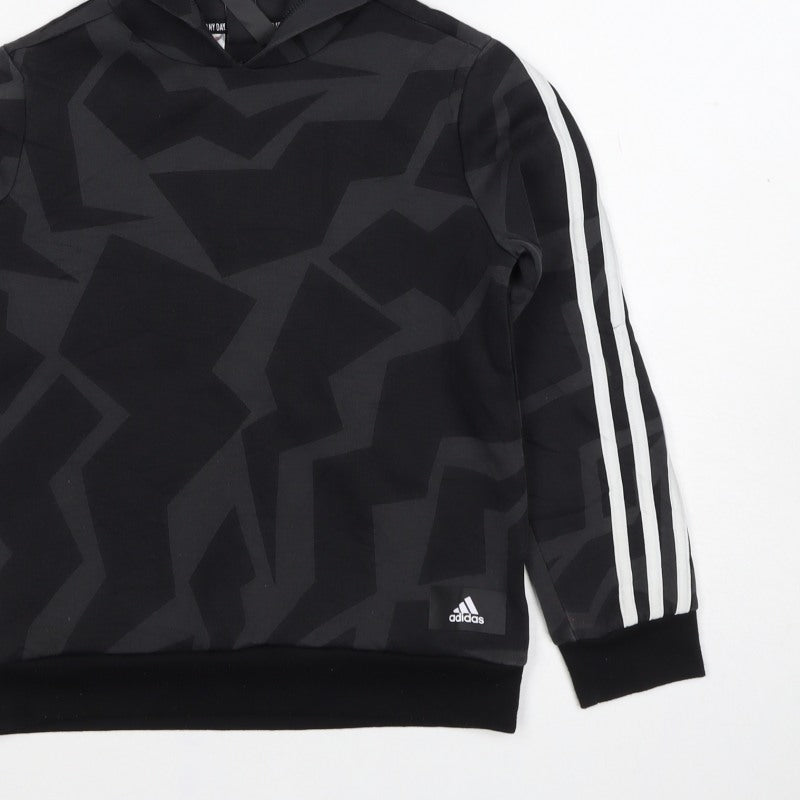 Adidas Boys Black Geometric Pullover Hoodie 9-10 Years Sports 3 Stripe