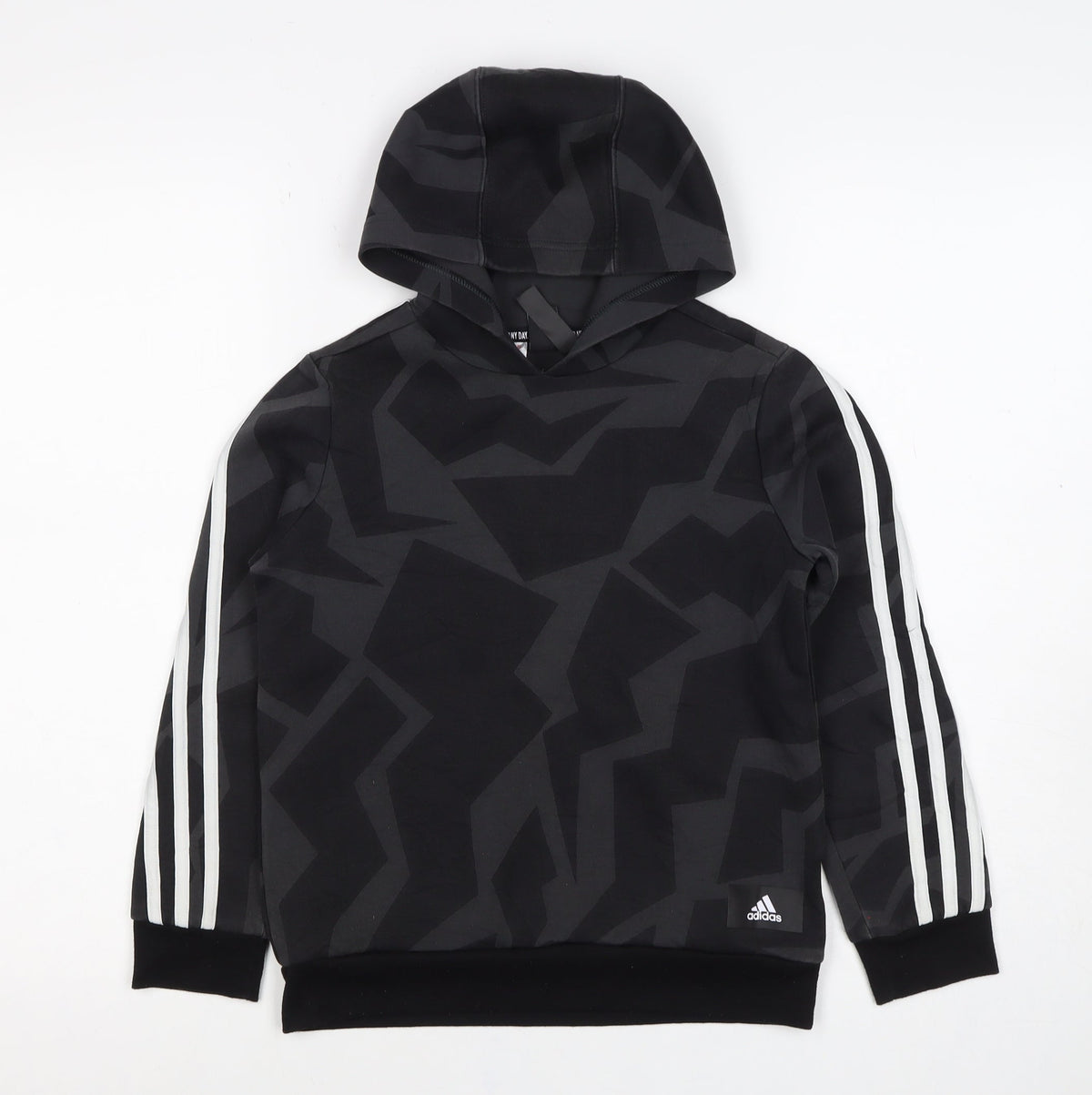 Adidas Boys Black Geometric Pullover Hoodie 9-10 Years Sports 3 Stripe