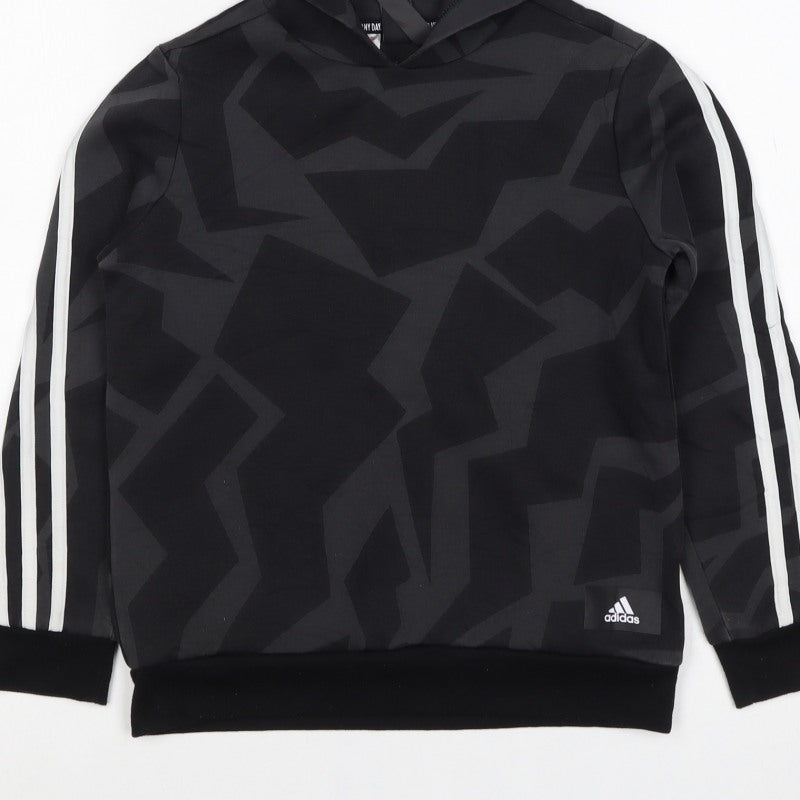 Adidas Boys Black Geometric Pullover Hoodie 9-10 Years Sports 3 Stripe