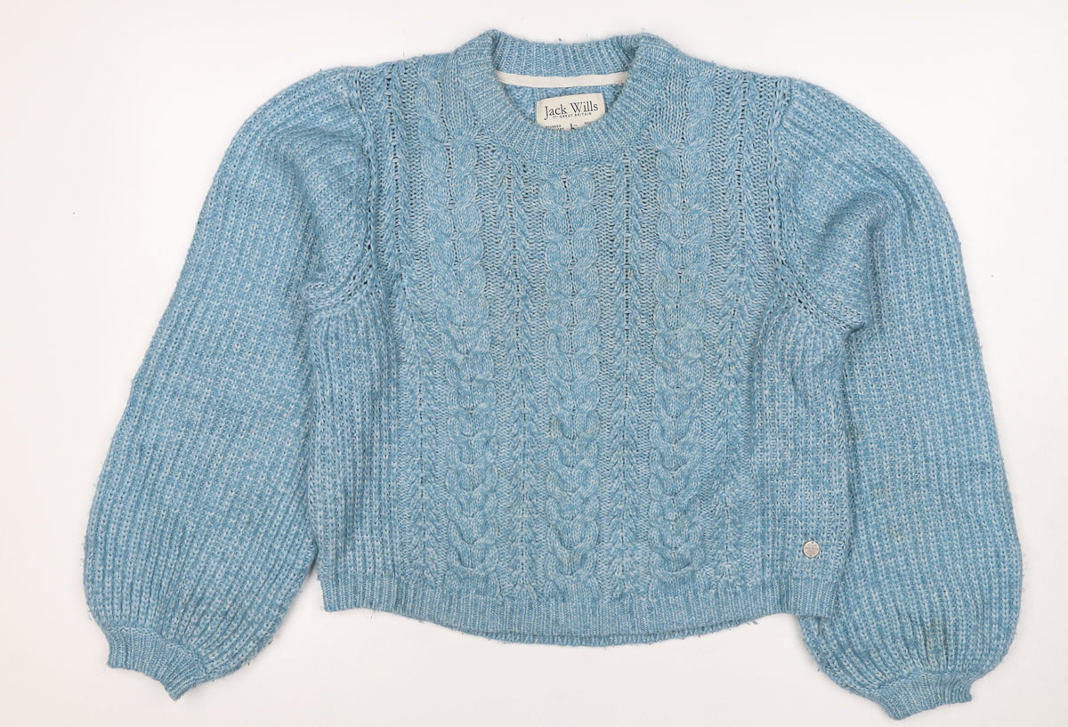 Jack Wills Women Blue UK 12 Cable Knit Crew Neck Raglan Jumper