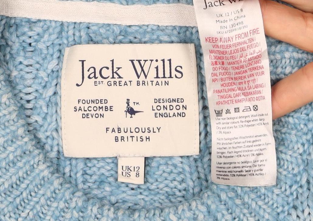 Jack Wills Women Blue UK 12 Cable Knit Crew Neck Raglan Jumper