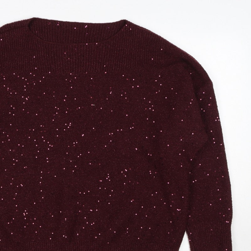 Oasis Women Brown M Sequin Mock Neck 3/4 Sleeve Knit Jumper