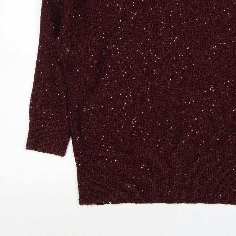 Oasis Women Brown M Sequin Mock Neck 3/4 Sleeve Knit Jumper