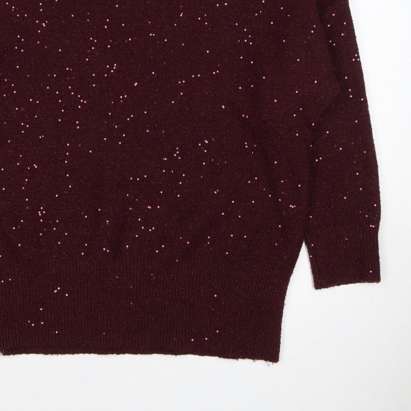 Oasis Women Brown M Sequin Mock Neck 3/4 Sleeve Knit Jumper