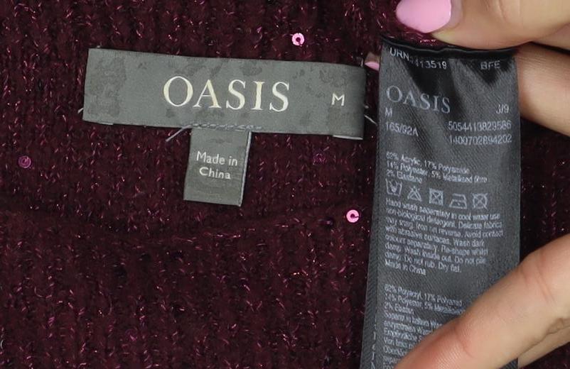 Oasis Women Brown M Sequin Mock Neck 3/4 Sleeve Knit Jumper