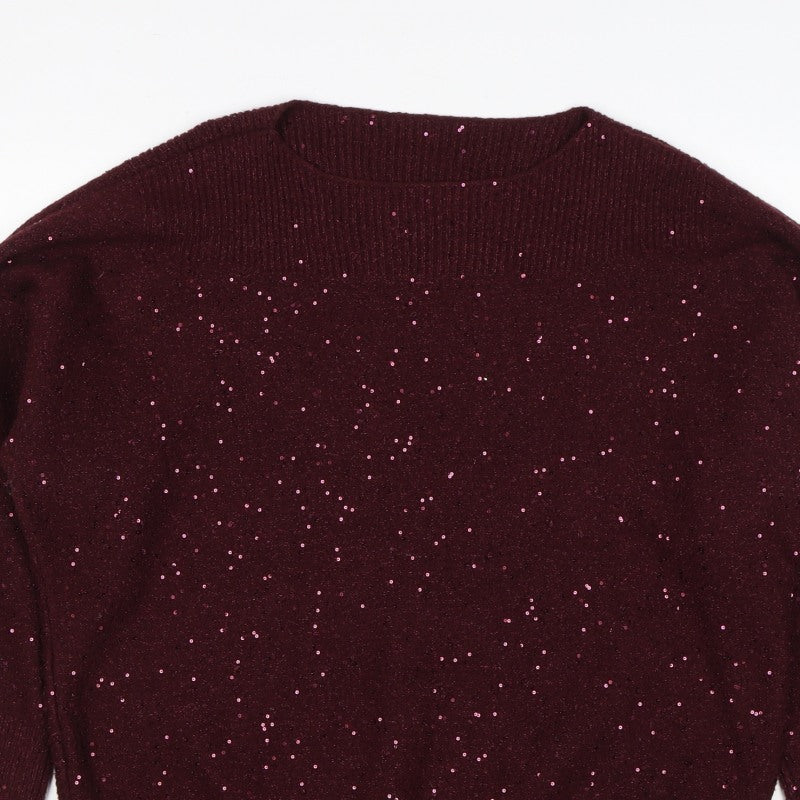 Oasis Women Brown M Sequin Mock Neck 3/4 Sleeve Knit Jumper