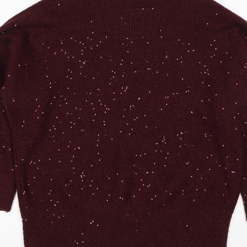 Oasis Women Brown M Sequin Mock Neck 3/4 Sleeve Knit Jumper