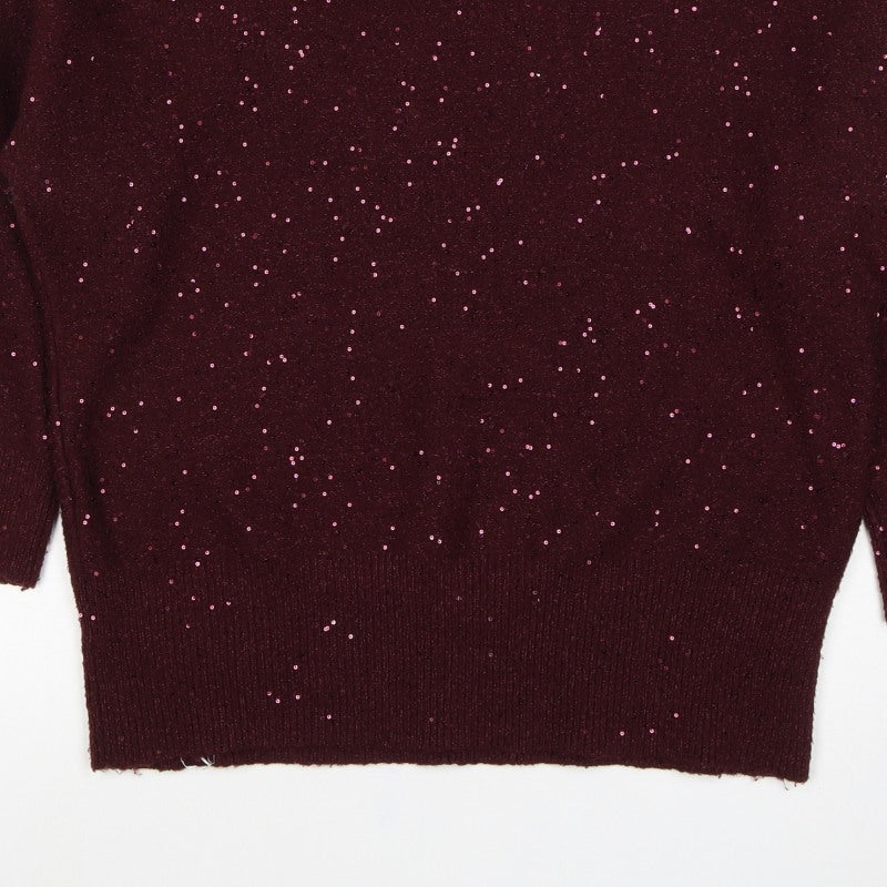 Oasis Women Brown M Sequin Mock Neck 3/4 Sleeve Knit Jumper