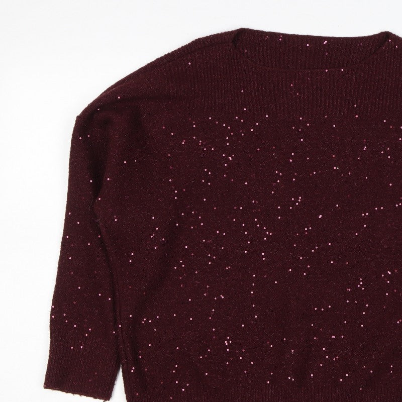 Oasis Women Brown M Sequin Mock Neck 3/4 Sleeve Knit Jumper