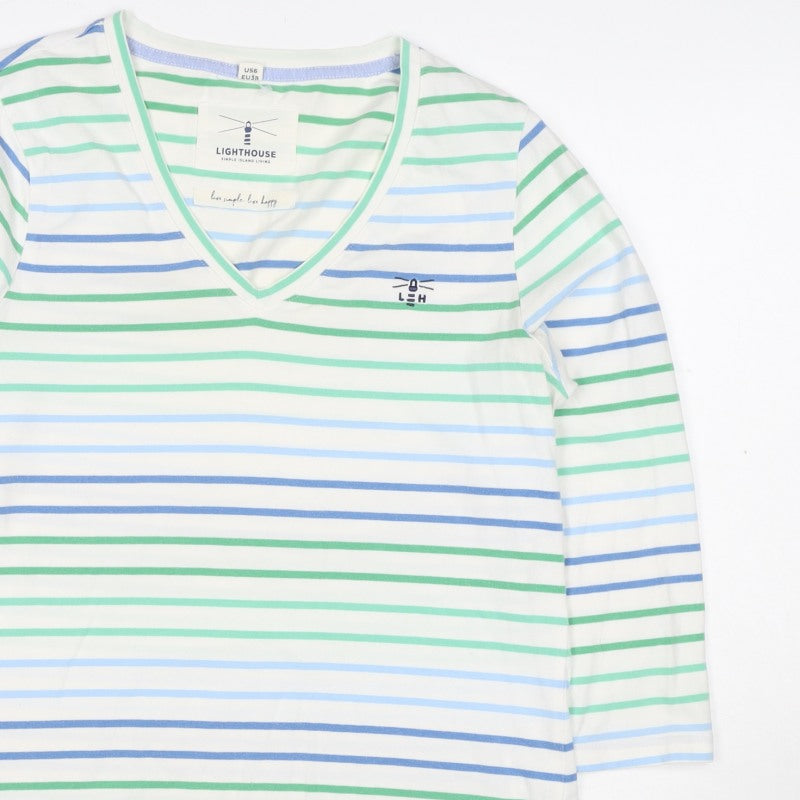 Lighthouse Women’s White Blue Green Striped V-Neck Jersey Top UK 10