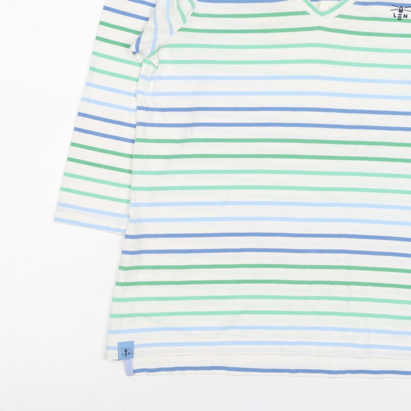 Lighthouse Women’s White Blue Green Striped V-Neck Jersey Top UK 10