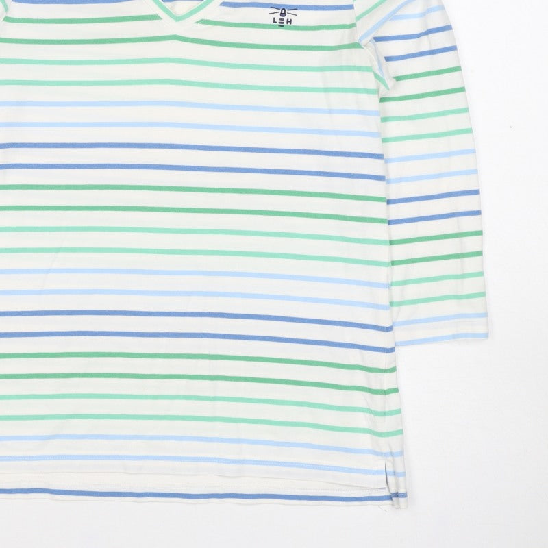 Lighthouse Women’s White Blue Green Striped V-Neck Jersey Top UK 10