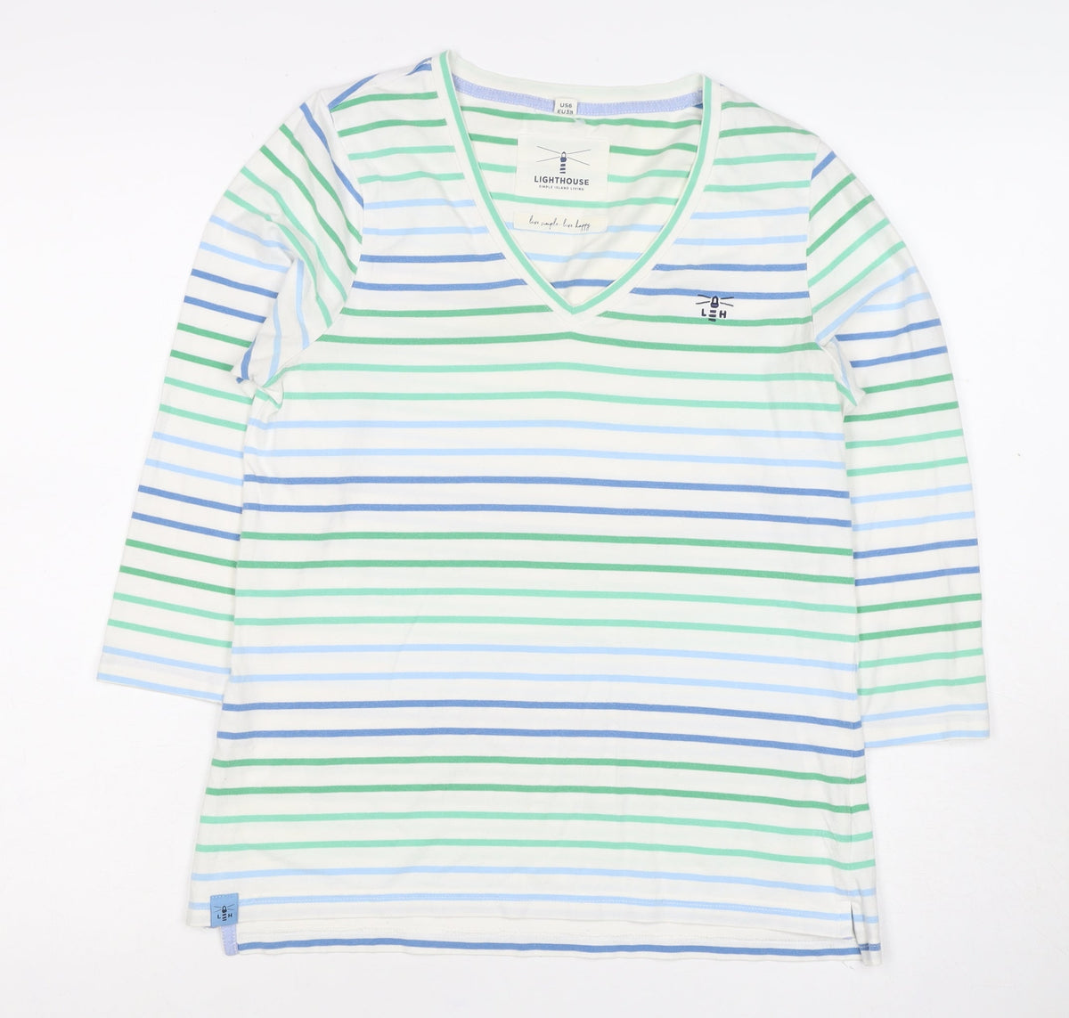 Lighthouse Women’s White Blue Green Striped V-Neck Jersey Top UK 10